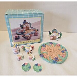 Miniature Tea Set Easter Bunny Rabbit 10pcs Resin W/ Plate